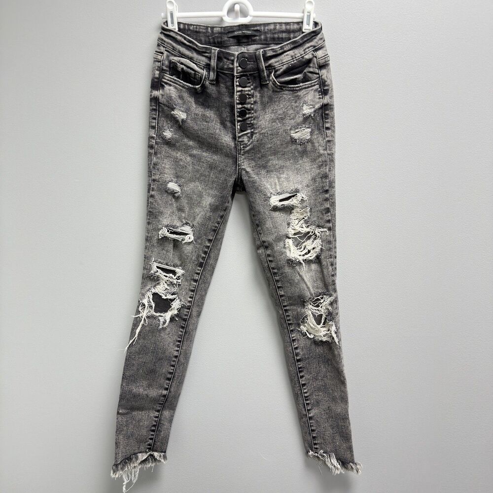 Flying Monkey High Rise Ankle Skinny Jeans Distressed Black Denim Size 27
